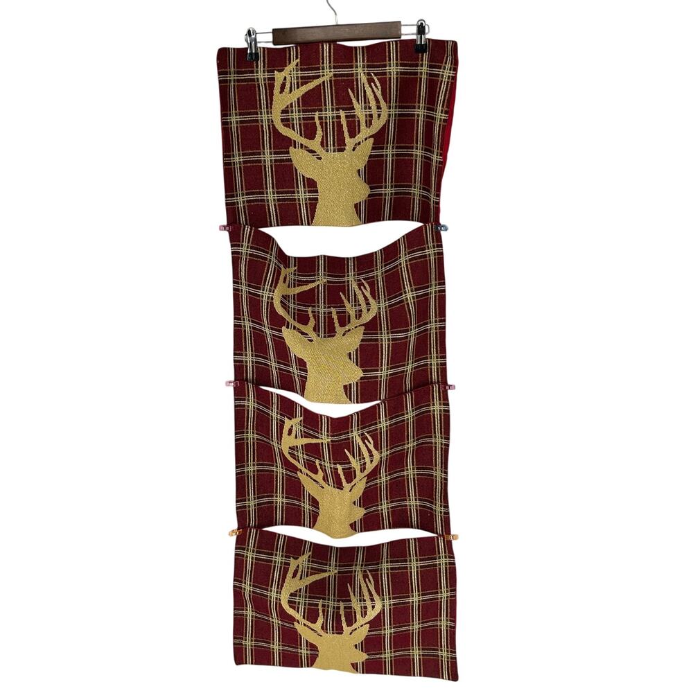 Set of 4 Holiday Christmas Placemats Red Gold Tartan Plaid Deer Stag Head Festiv